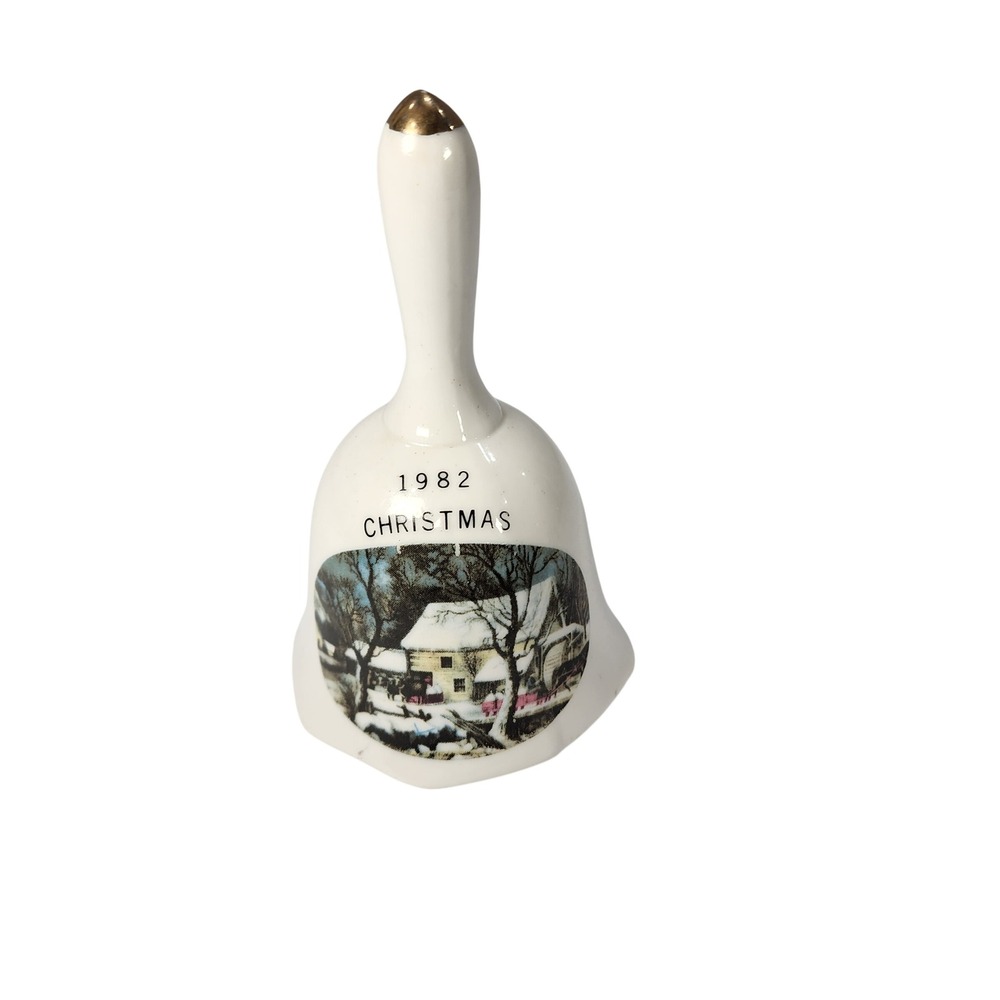 Vintage 1982 Christmas Bell Ceramic Winter Cabin Scene Gold Tip Collectible
